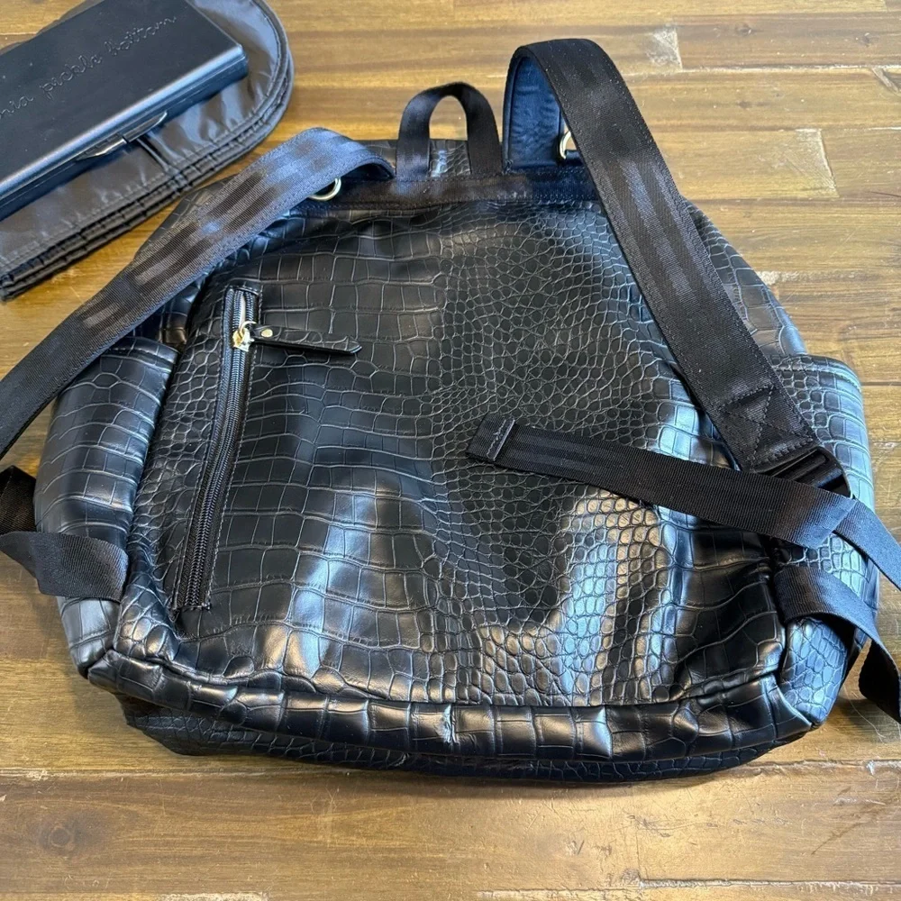 Petunia Pickle Bottom Black Faux Croc Diaper Bag Backpack Pad Wipes Container